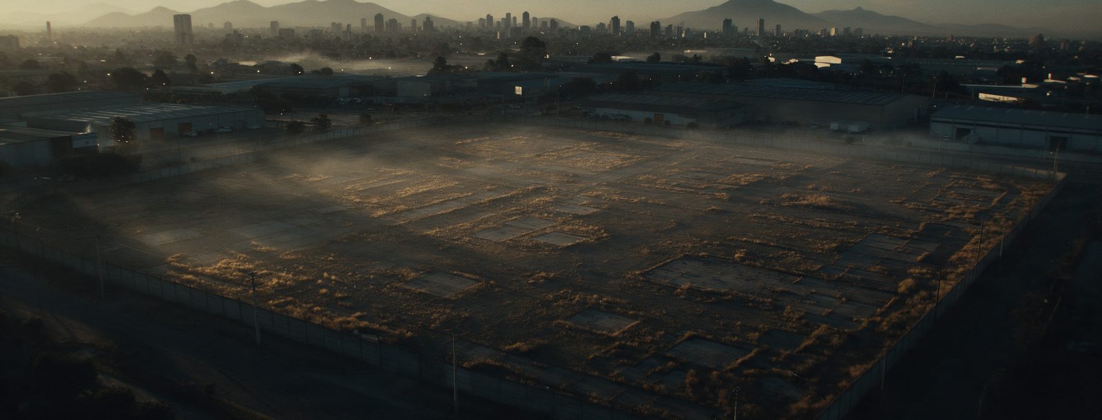 Gran terreno industrial ocioso en las afueras de una ciudad, al amanecer.