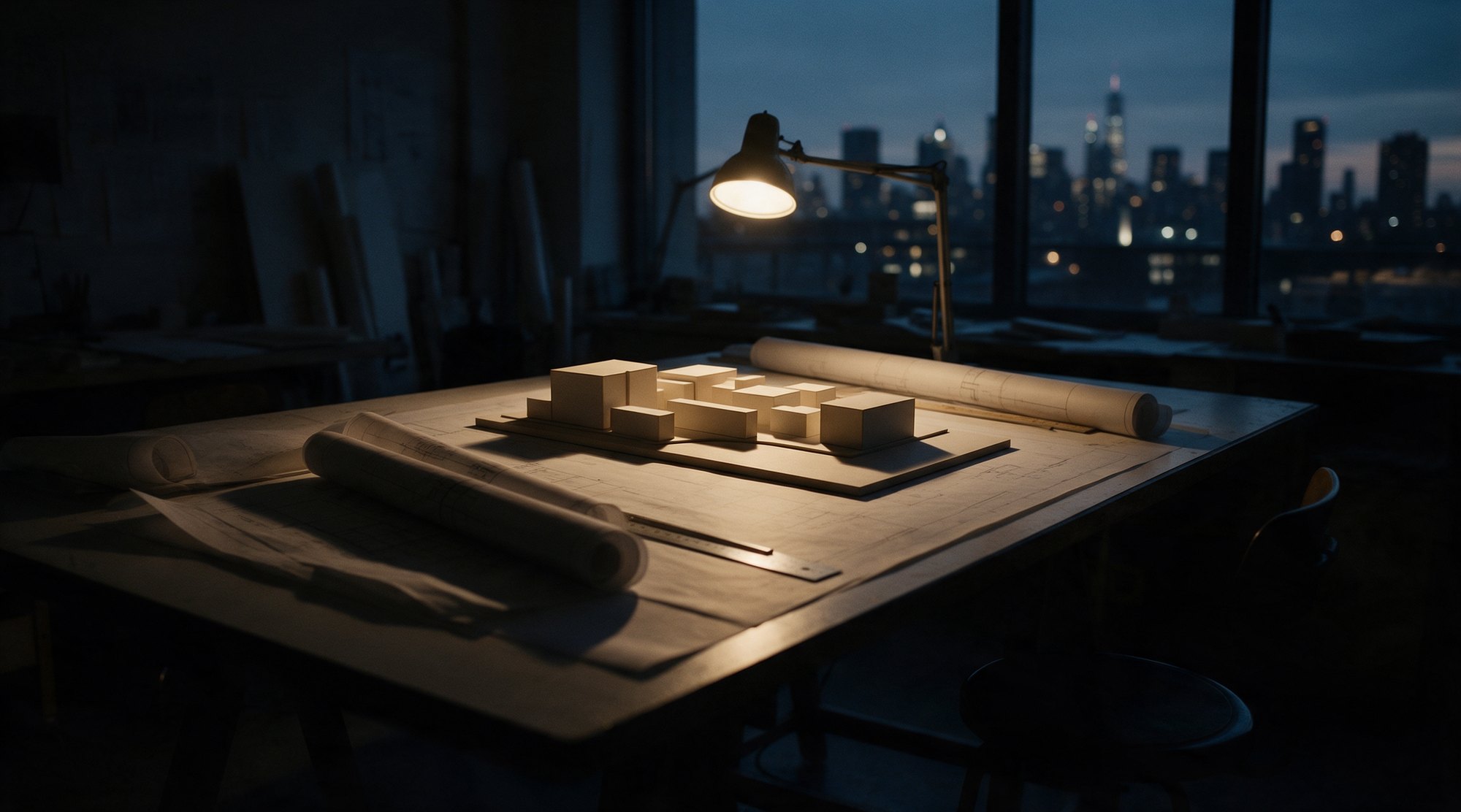 Mesa de dibujo de noche con una maqueta de volúmenes, planos enrollados y una lámpara encendida; al fondo, la ciudad al anochecer.